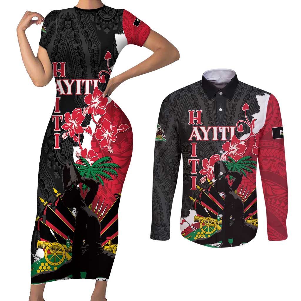 Personalised Ayiti Neg Marron Couples Matching Short Sleeve Bodycon Dress and Long Sleeve Button Shirt Dashiki Mix Polynesian Pattern LT01 Black - Polynesian Pride