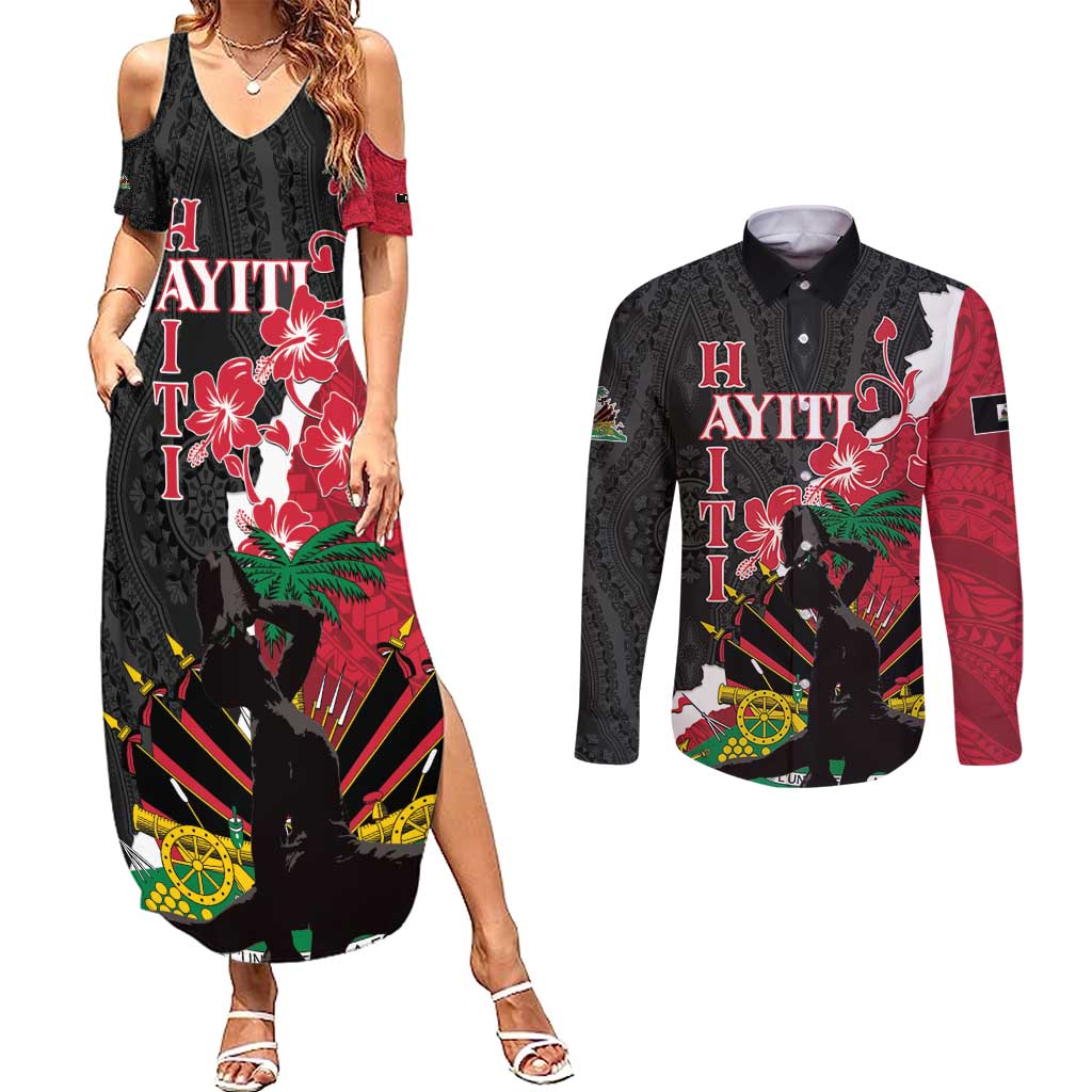 Personalised Ayiti Neg Marron Couples Matching Summer Maxi Dress and Long Sleeve Button Shirt Dashiki Mix Polynesian Pattern LT01 Black - Polynesian Pride