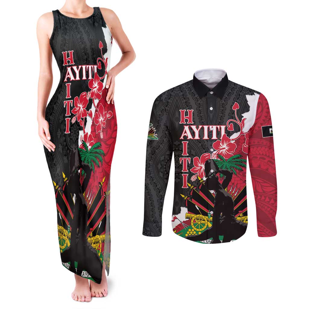 Personalised Ayiti Neg Marron Couples Matching Tank Maxi Dress and Long Sleeve Button Shirt Dashiki Mix Polynesian Pattern LT01 Black - Polynesian Pride