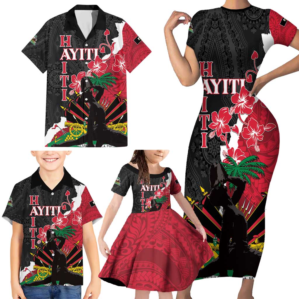 Personalised Ayiti Neg Marron Family Matching Short Sleeve Bodycon Dress and Hawaiian Shirt Dashiki Mix Polynesian Pattern