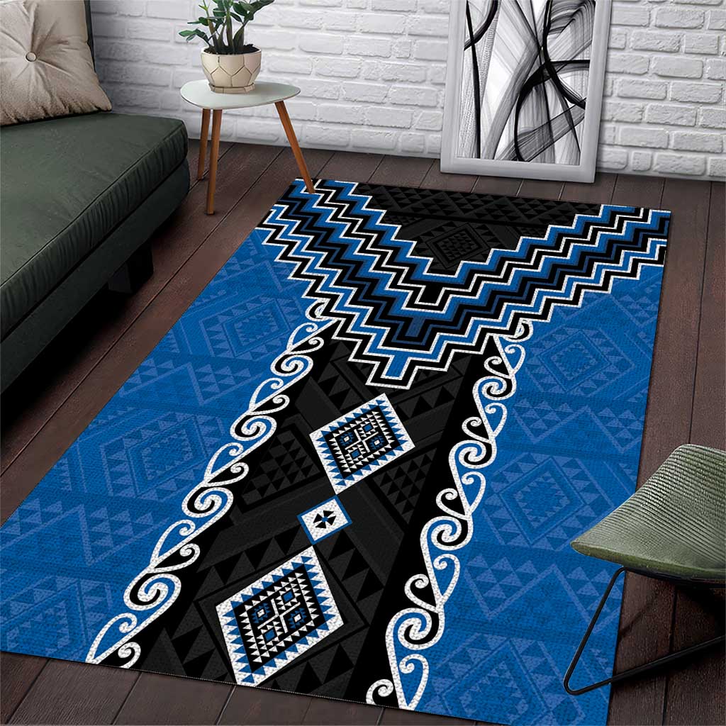 Blue Niho Taniwha Mix Poutama Area Rug Unique Taniko Aotearoa