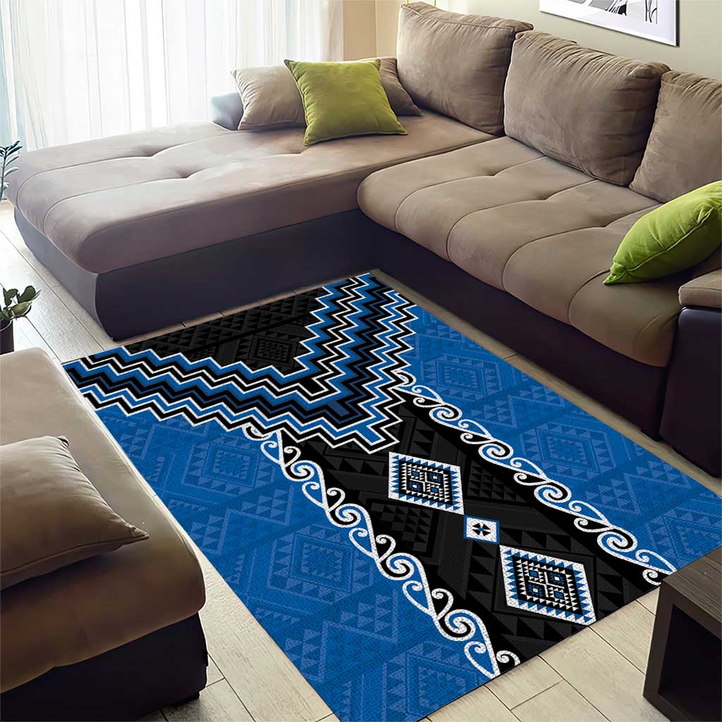 Blue Niho Taniwha Mix Poutama Area Rug Unique Taniko Aotearoa