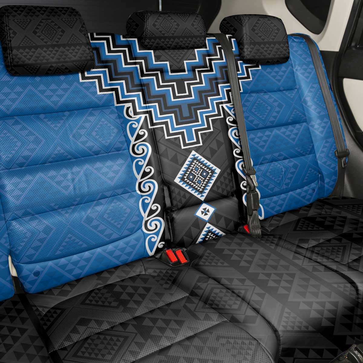 Blue Niho Taniwha Mix Poutama Back Car Seat Cover Unique Taniko Aotearoa