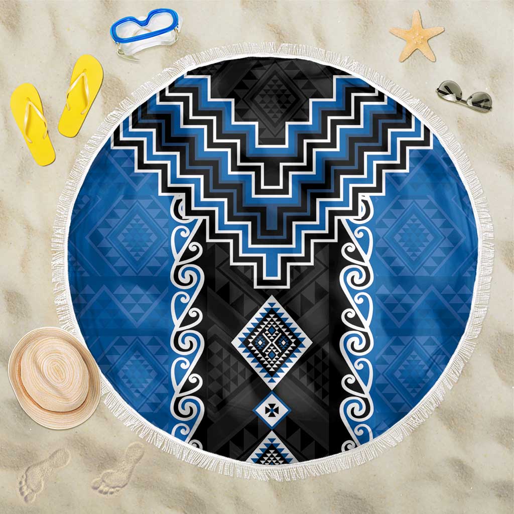 Blue Niho Taniwha Mix Poutama Beach Blanket Unique Taniko Aotearoa LT01 One Size 150cm Blue - Polynesian Pride