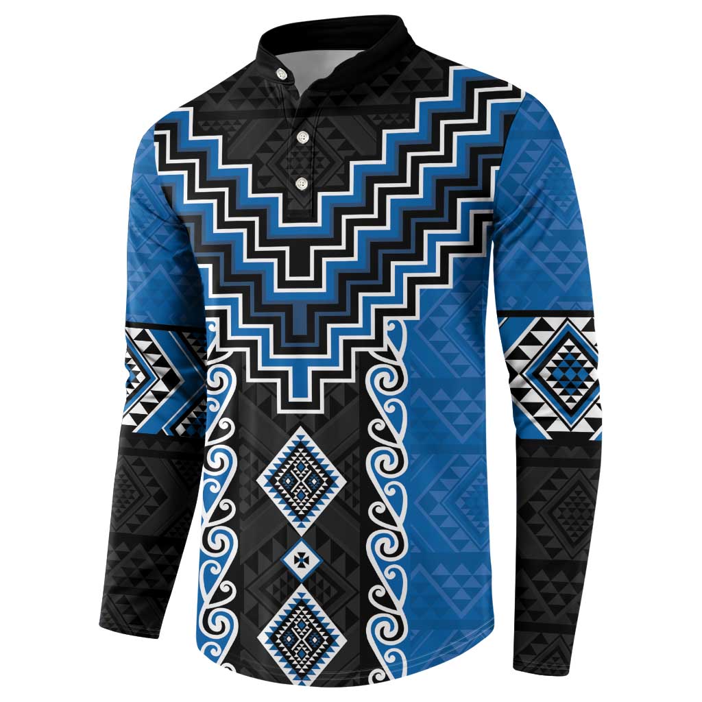 Blue Niho Taniwha Mix Poutama Button Sweatshirt Unique Taniko Aotearoa LT01 - Polynesian Pride