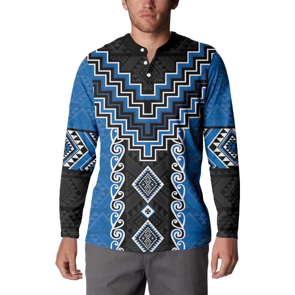 Blue Niho Taniwha Mix Poutama Button Sweatshirt Unique Taniko Aotearoa LT01 - Polynesian Pride