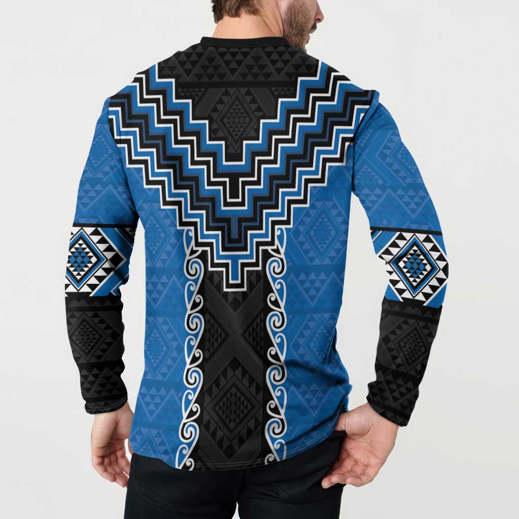 Blue Niho Taniwha Mix Poutama Button Sweatshirt Unique Taniko Aotearoa LT01 - Polynesian Pride