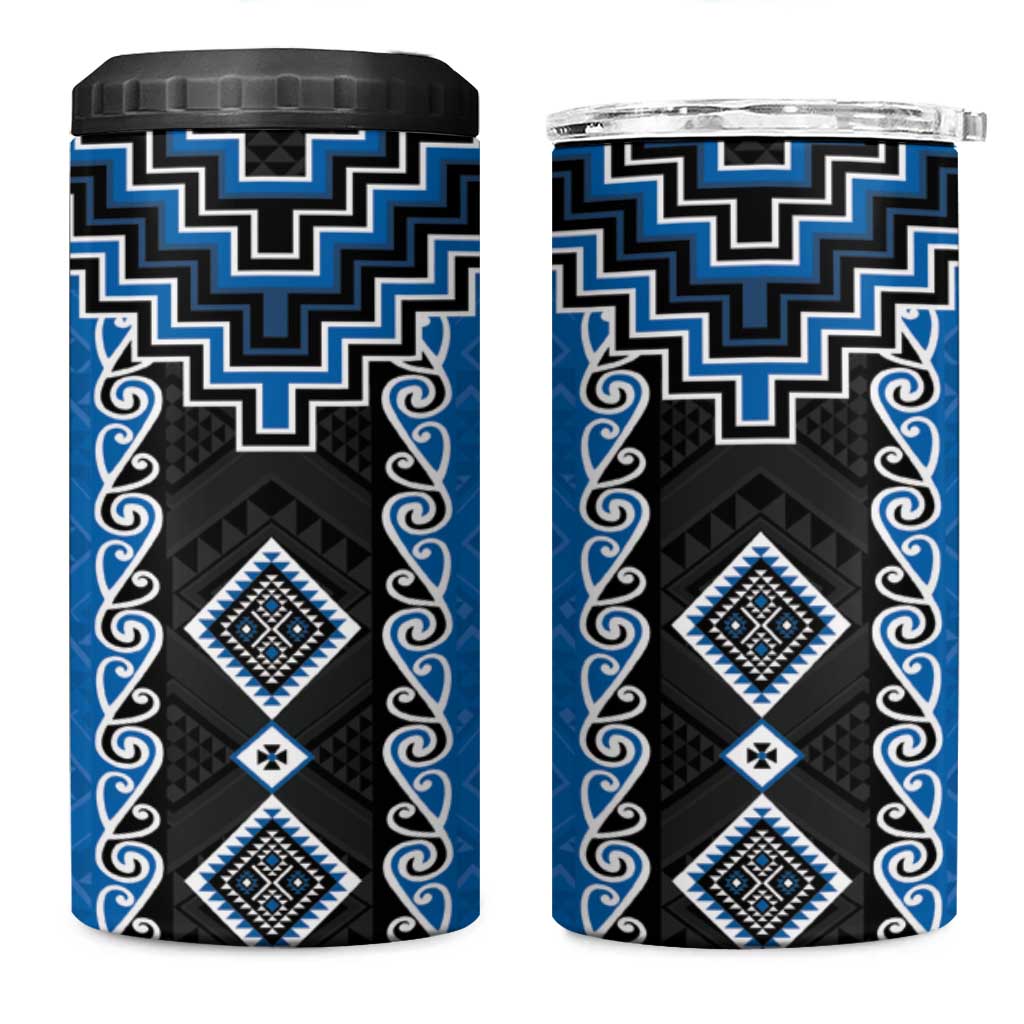 Blue Niho Taniwha Mix Poutama 4 in 1 Can Cooler Tumbler Unique Taniko Aotearoa LT01 One Size: 16 oz Blue - Polynesian Pride