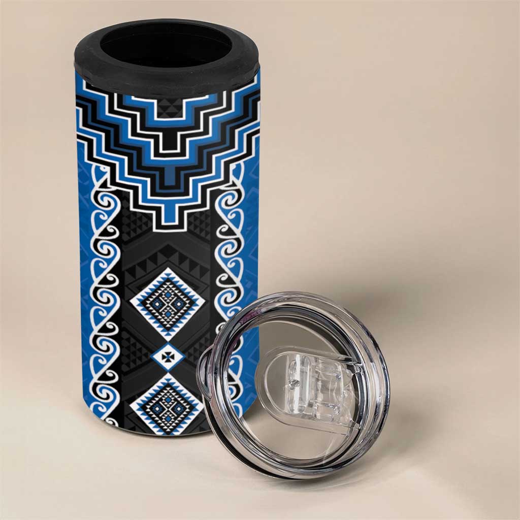 Blue Niho Taniwha Mix Poutama 4 in 1 Can Cooler Tumbler Unique Taniko Aotearoa LT01 - Polynesian Pride