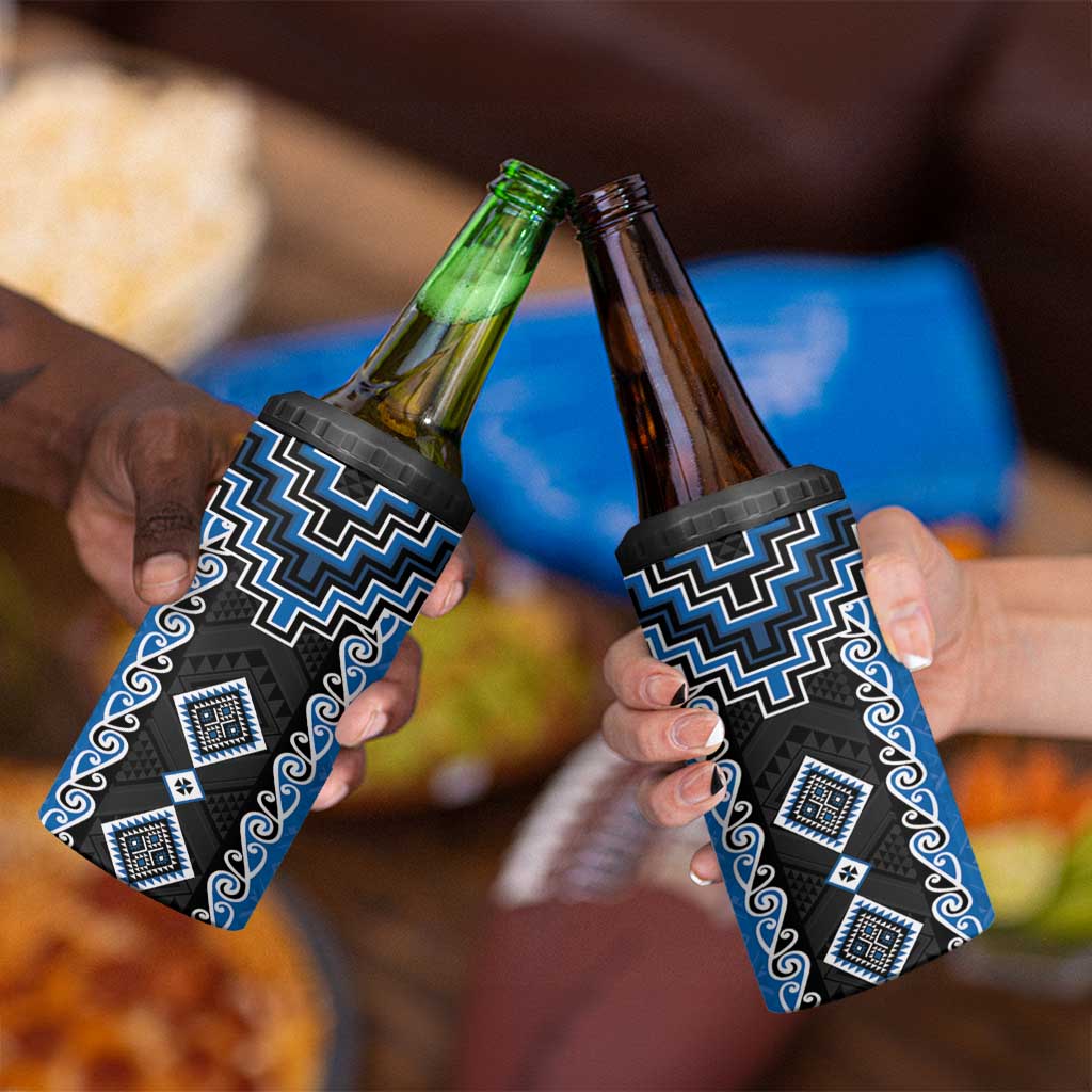 Blue Niho Taniwha Mix Poutama 4 in 1 Can Cooler Tumbler Unique Taniko Aotearoa LT01 - Polynesian Pride
