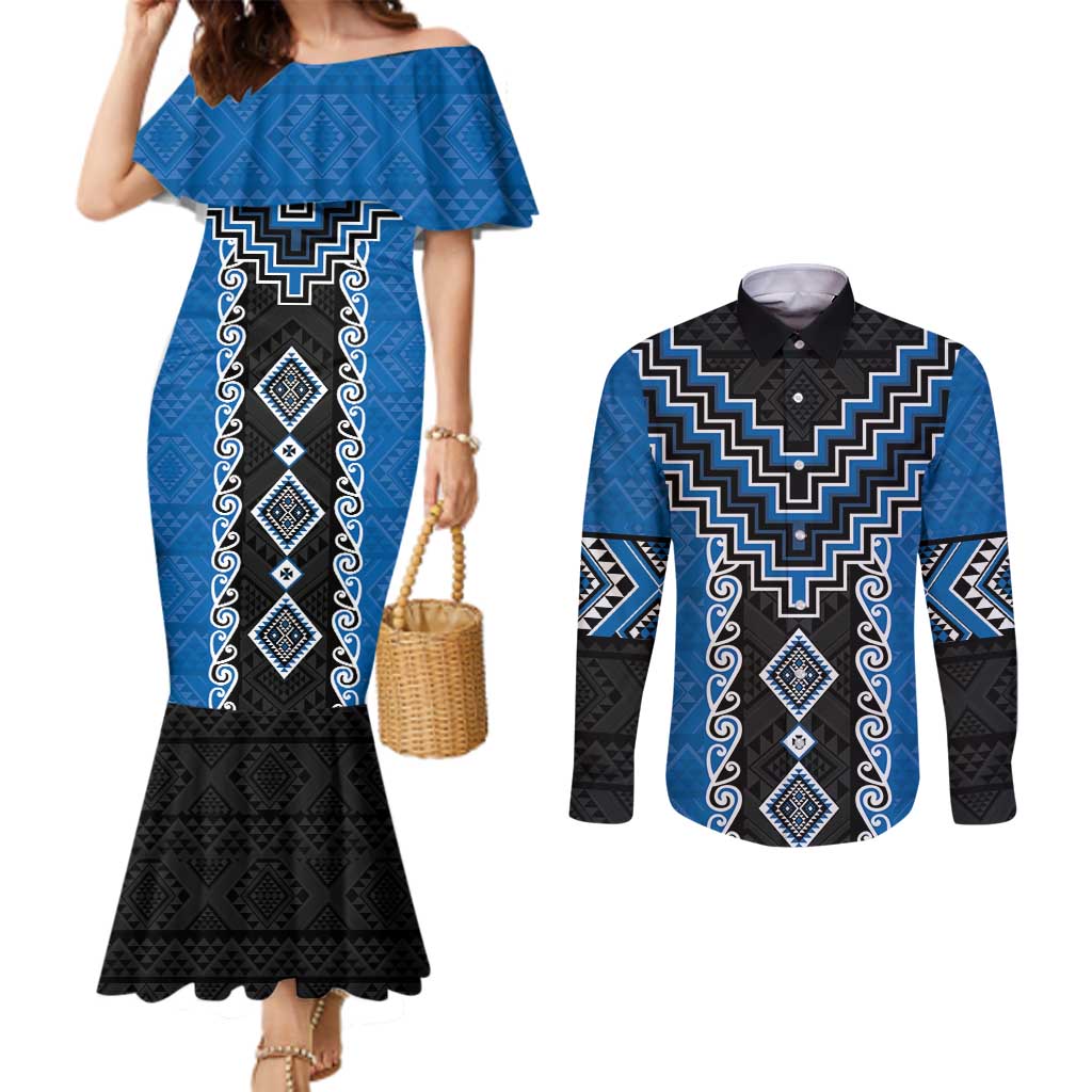 Blue Niho Taniwha Mix Poutama Couples Matching Mermaid Dress and Long Sleeve Button Shirt Unique Taniko Aotearoa LT01 Blue - Polynesian Pride