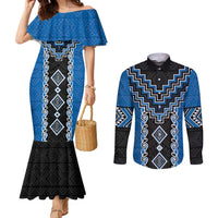 Blue Niho Taniwha Mix Poutama Couples Matching Mermaid Dress and Long Sleeve Button Shirt Unique Taniko Aotearoa LT01 Blue - Polynesian Pride