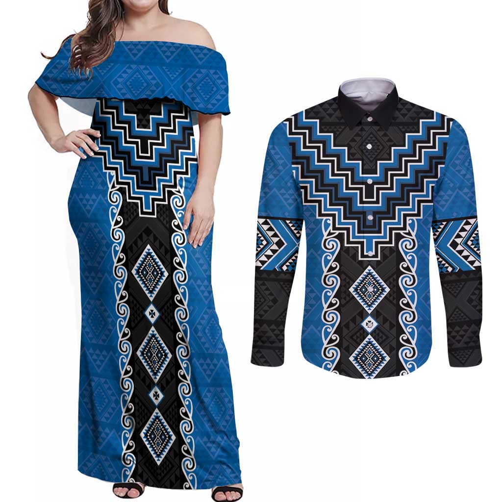 Blue Niho Taniwha Mix Poutama Couples Matching Off Shoulder Maxi Dress and Long Sleeve Button Shirt Unique Taniko Aotearoa LT01 Blue - Polynesian Pride