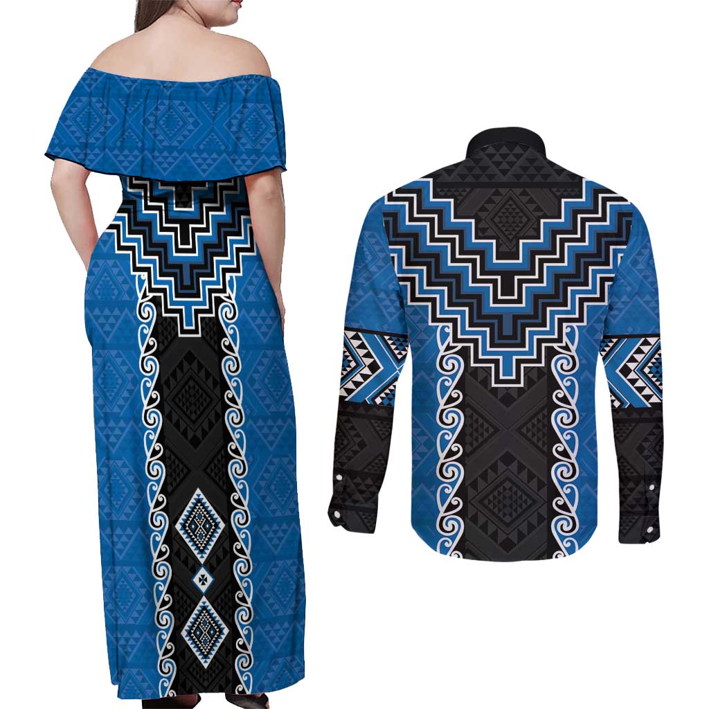 Blue Niho Taniwha Mix Poutama Couples Matching Off Shoulder Maxi Dress and Long Sleeve Button Shirt Unique Taniko Aotearoa LT01 - Polynesian Pride