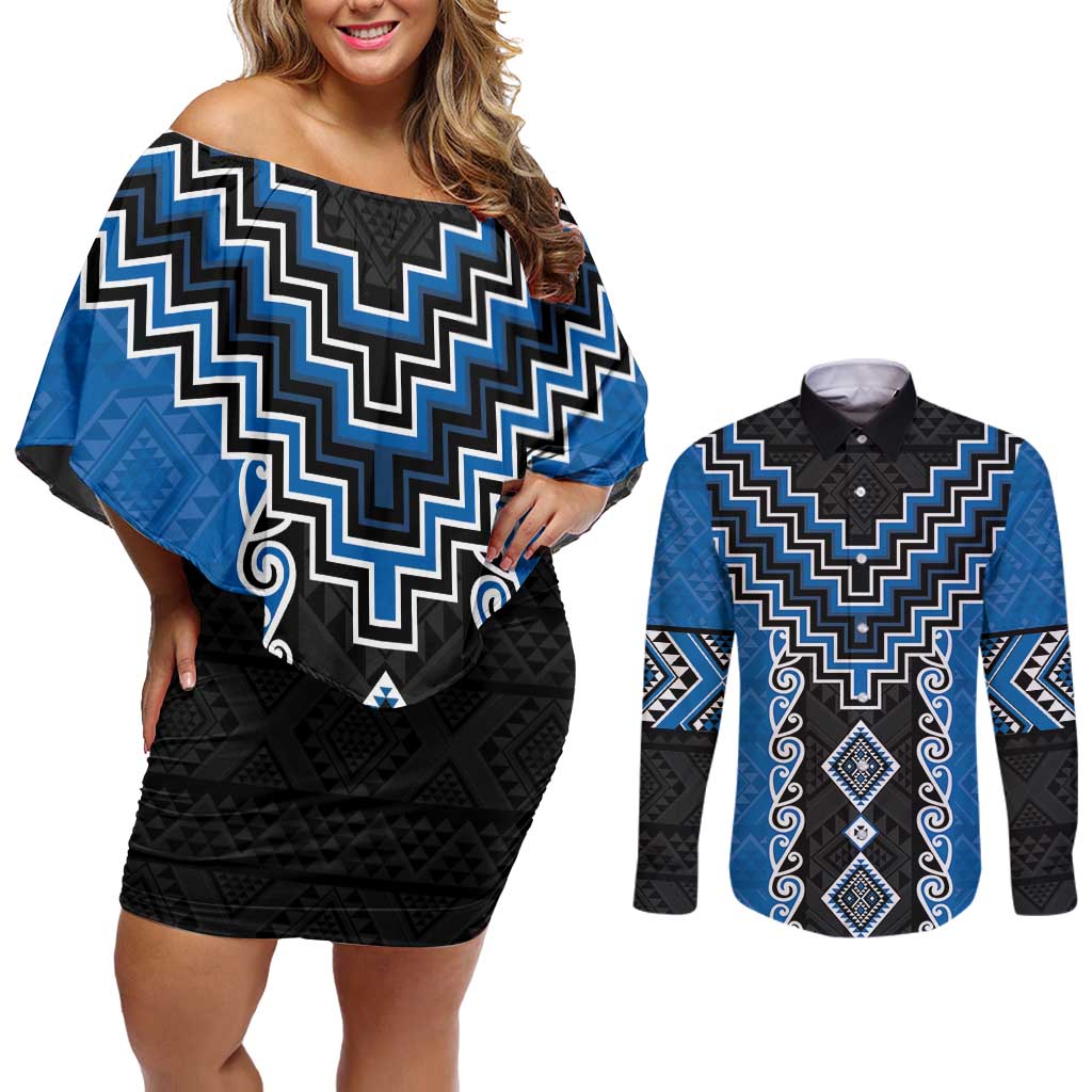 Blue Niho Taniwha Mix Poutama Couples Matching Off Shoulder Short Dress and Long Sleeve Button Shirt Unique Taniko Aotearoa LT01 Blue - Polynesian Pride