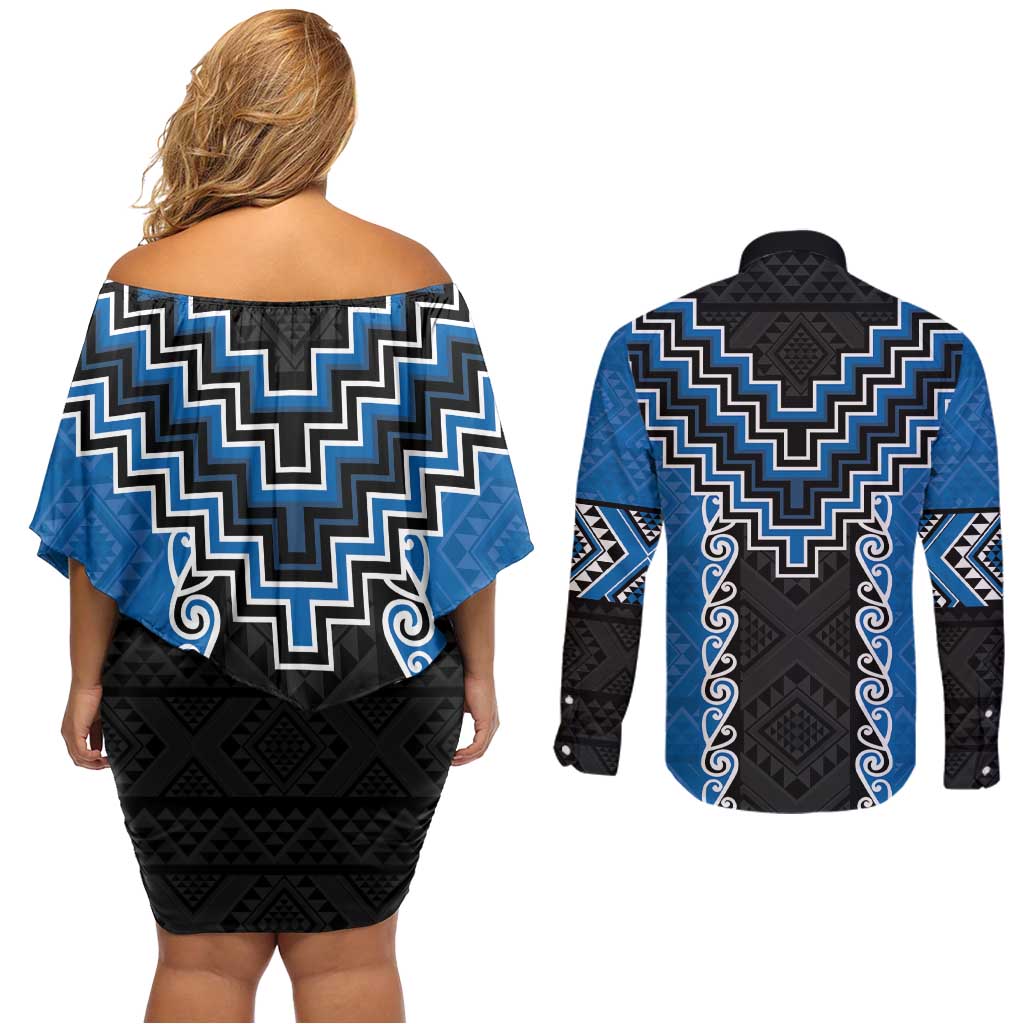 Blue Niho Taniwha Mix Poutama Couples Matching Off Shoulder Short Dress and Long Sleeve Button Shirt Unique Taniko Aotearoa LT01 - Polynesian Pride