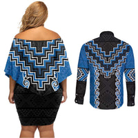Blue Niho Taniwha Mix Poutama Couples Matching Off Shoulder Short Dress and Long Sleeve Button Shirt Unique Taniko Aotearoa LT01 - Polynesian Pride