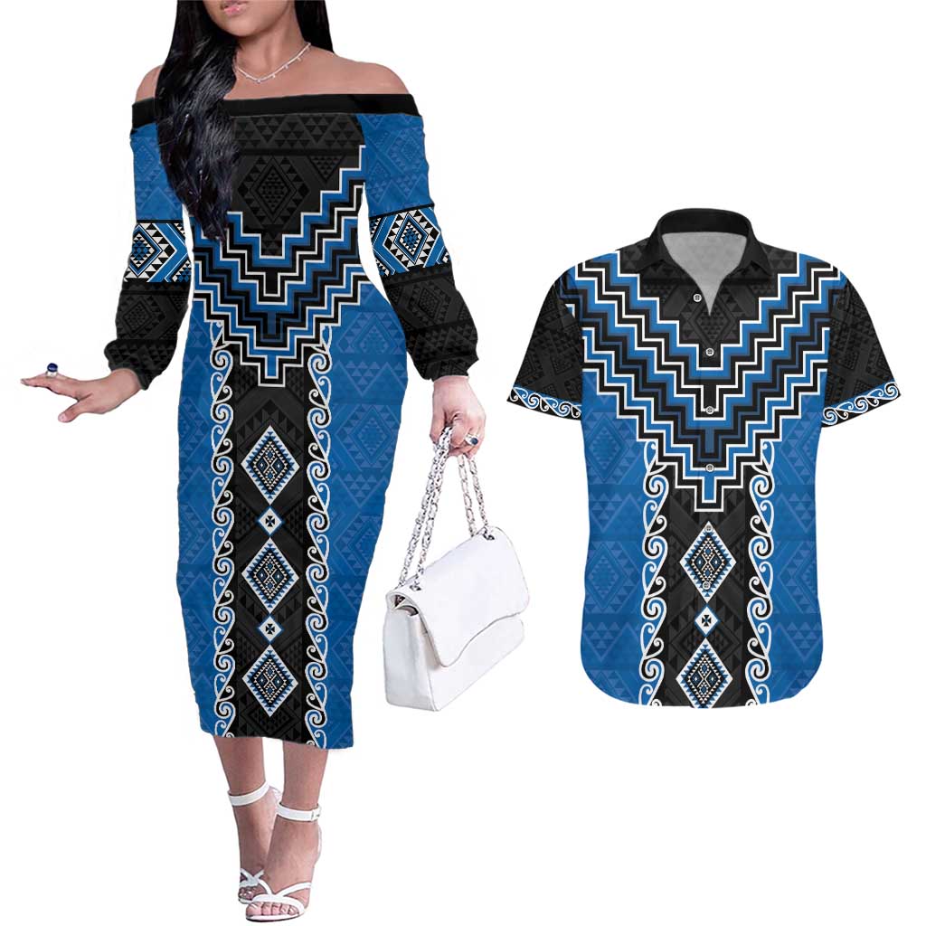 Blue Niho Taniwha Mix Poutama Couples Matching Off The Shoulder Long Sleeve Dress and Hawaiian Shirt Unique Taniko Aotearoa LT01 Blue - Polynesian Pride
