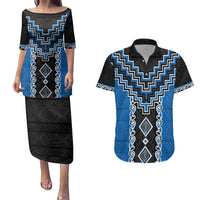 Blue Niho Taniwha Mix Poutama Couples Matching Puletasi and Hawaiian Shirt Unique Taniko Aotearoa LT01 Blue - Polynesian Pride