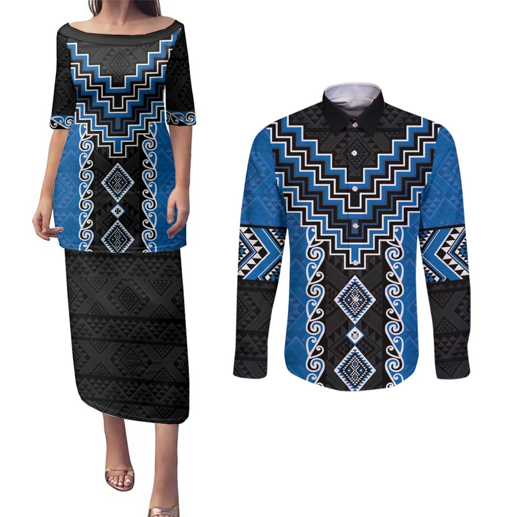Blue Niho Taniwha Mix Poutama Couples Matching Puletasi and Long Sleeve Button Shirt Unique Taniko Aotearoa LT01 Blue - Polynesian Pride