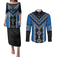 Blue Niho Taniwha Mix Poutama Couples Matching Puletasi and Long Sleeve Button Shirt Unique Taniko Aotearoa LT01 Blue - Polynesian Pride