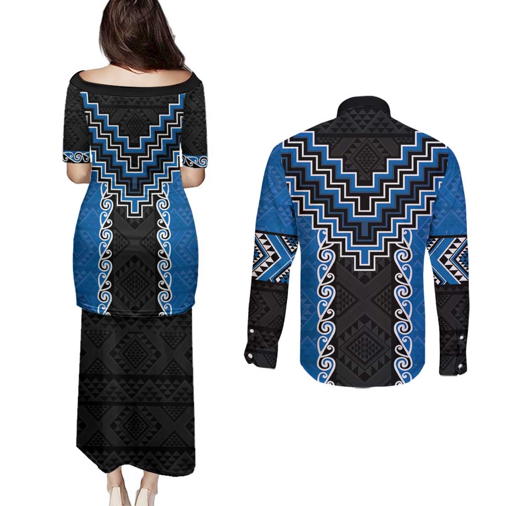 Blue Niho Taniwha Mix Poutama Couples Matching Puletasi and Long Sleeve Button Shirt Unique Taniko Aotearoa LT01 - Polynesian Pride