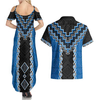 Blue Niho Taniwha Mix Poutama Couples Matching Summer Maxi Dress and Hawaiian Shirt Unique Taniko Aotearoa LT01 - Polynesian Pride