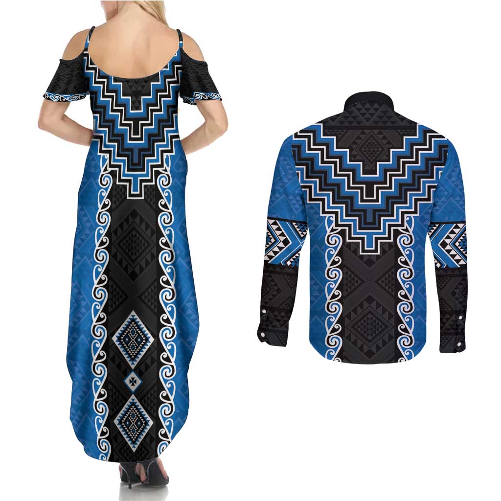 Blue Niho Taniwha Mix Poutama Couples Matching Summer Maxi Dress and Long Sleeve Button Shirt Unique Taniko Aotearoa LT01 - Polynesian Pride