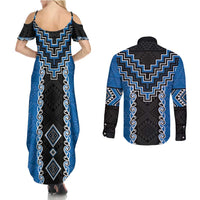 Blue Niho Taniwha Mix Poutama Couples Matching Summer Maxi Dress and Long Sleeve Button Shirt Unique Taniko Aotearoa LT01 - Polynesian Pride