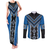 Blue Niho Taniwha Mix Poutama Couples Matching Tank Maxi Dress and Long Sleeve Button Shirt Unique Taniko Aotearoa LT01 Blue - Polynesian Pride