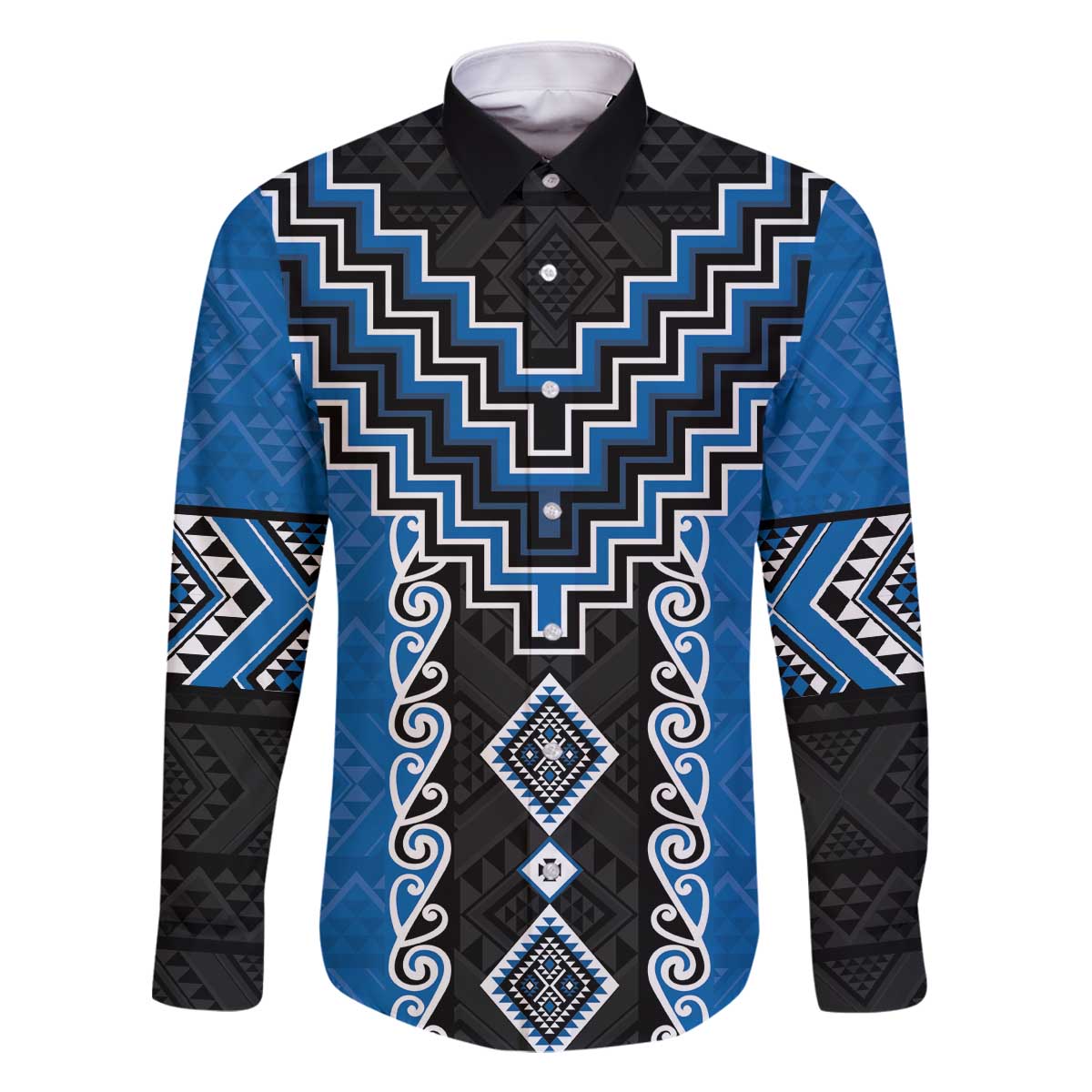 Blue Niho Taniwha Mix Poutama Family Matching Off The Shoulder Long Sleeve Dress and Hawaiian Shirt Unique Taniko Aotearoa