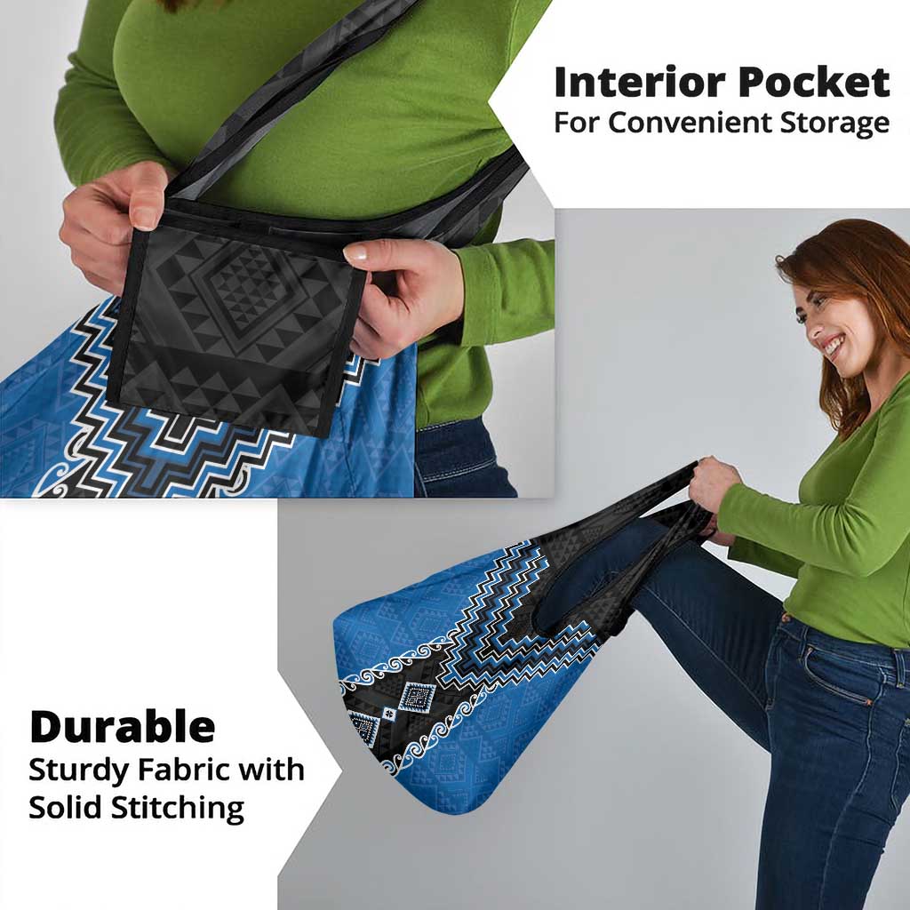 Blue Niho Taniwha Mix Poutama Grocery Bag Unique Taniko Aotearoa