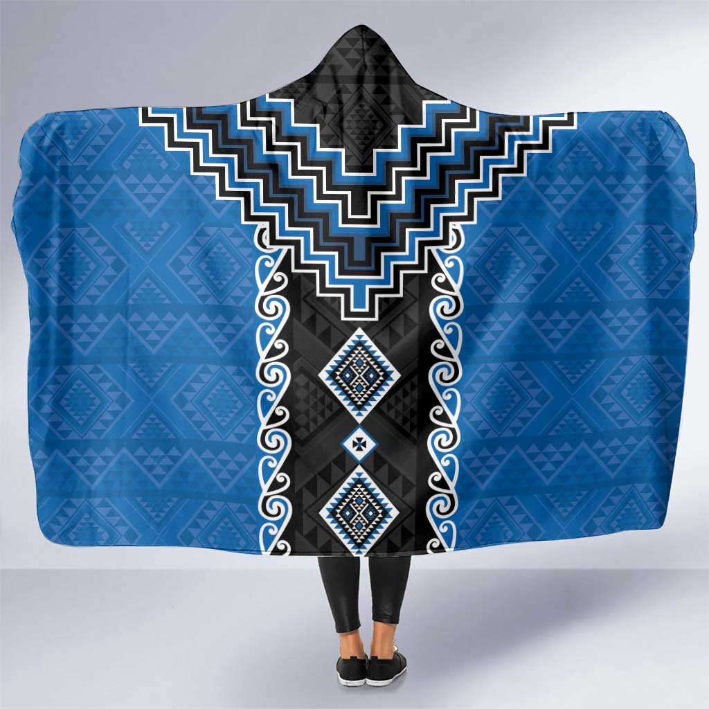 Blue Niho Taniwha Mix Poutama Hooded Blanket Unique Taniko Aotearoa LT01 One Size Blue - Polynesian Pride