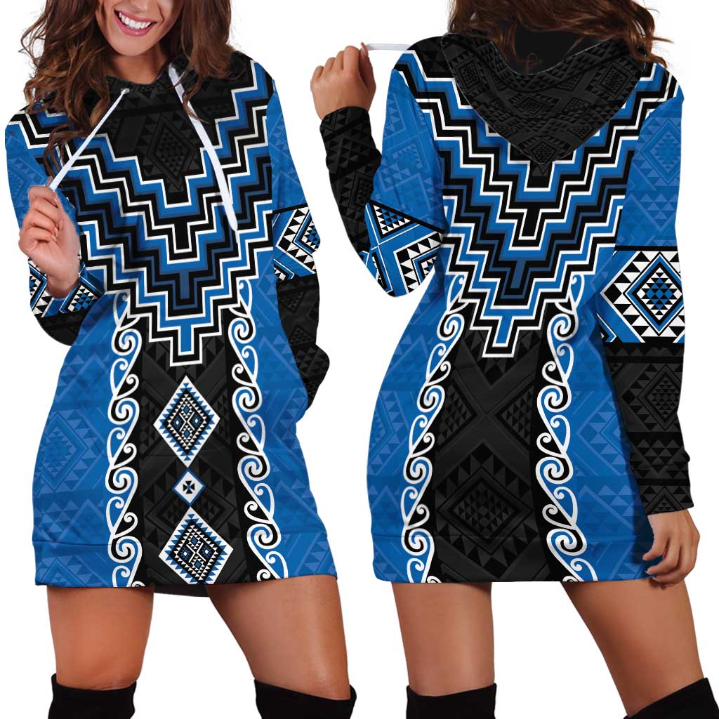 Blue Niho Taniwha Mix Poutama Hoodie Dress Unique Taniko Aotearoa LT01 - Polynesian Pride