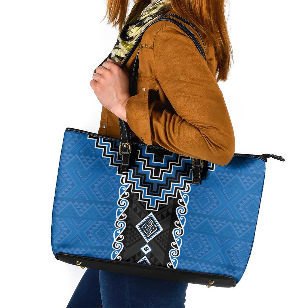Blue Niho Taniwha Mix Poutama Leather Tote Bag Unique Taniko Aotearoa