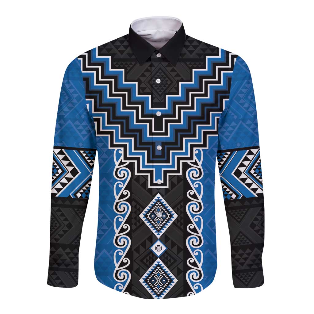 Blue Niho Taniwha Mix Poutama Long Sleeve Button Shirt Unique Taniko Aotearoa LT01 Unisex Blue - Polynesian Pride