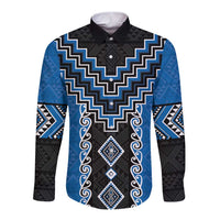 Blue Niho Taniwha Mix Poutama Long Sleeve Button Shirt Unique Taniko Aotearoa LT01 Unisex Blue - Polynesian Pride