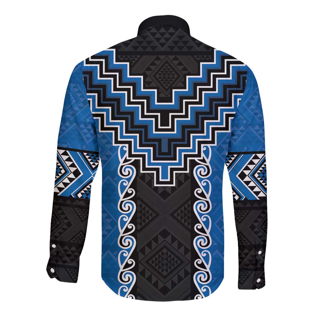 Blue Niho Taniwha Mix Poutama Long Sleeve Button Shirt Unique Taniko Aotearoa LT01 - Polynesian Pride