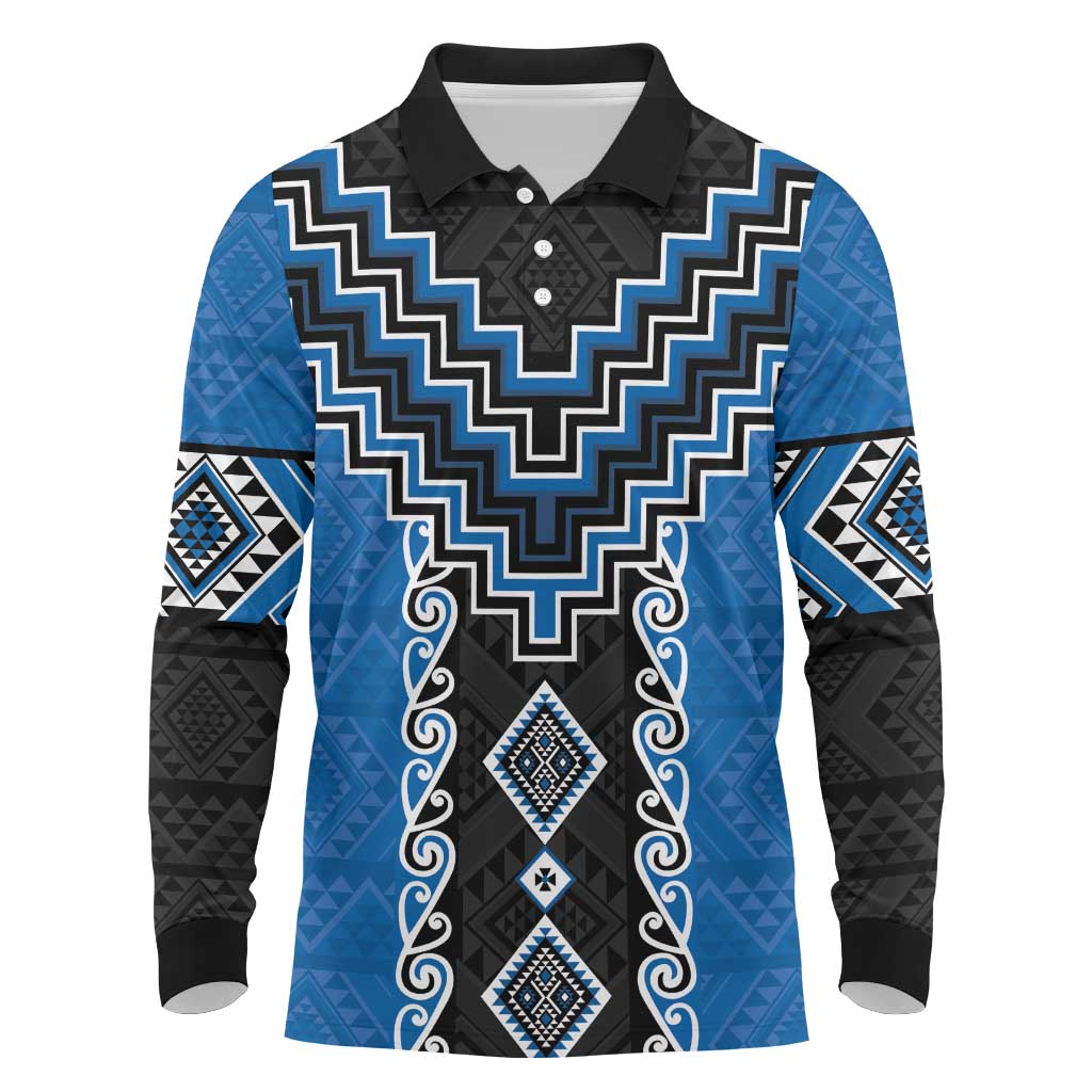 Blue Niho Taniwha Mix Poutama Long Sleeve Polo Shirt Unique Taniko Aotearoa