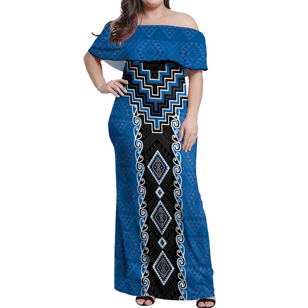 Blue Niho Taniwha Mix Poutama Off Shoulder Maxi Dress Unique Taniko Aotearoa LT01 Women Blue - Polynesian Pride