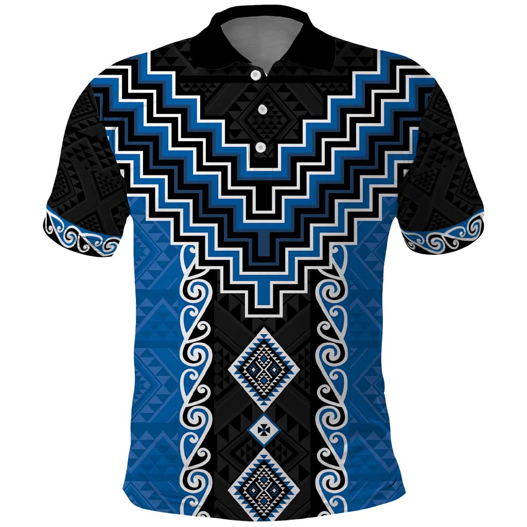 Blue Niho Taniwha Mix Poutama Polo Shirt Unique Taniko Aotearoa
