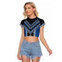 Blue Niho Taniwha Mix Poutama Raglan Cropped T Shirt Unique Taniko Aotearoa LT01 Female Blue - Polynesian Pride