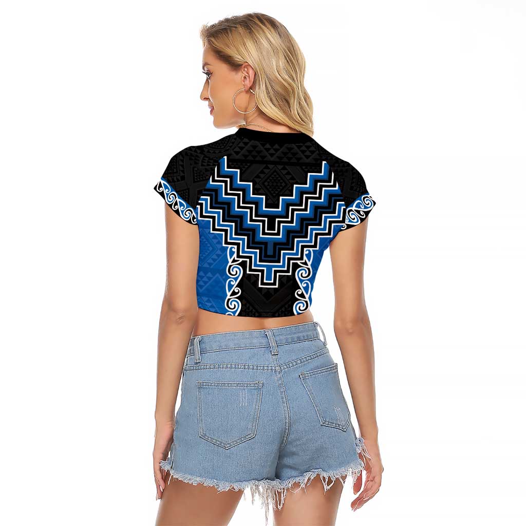 Blue Niho Taniwha Mix Poutama Raglan Cropped T Shirt Unique Taniko Aotearoa LT01 - Polynesian Pride