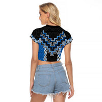 Blue Niho Taniwha Mix Poutama Raglan Cropped T Shirt Unique Taniko Aotearoa LT01 - Polynesian Pride