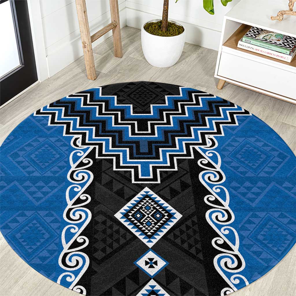 Blue Niho Taniwha Mix Poutama Round Carpet Unique Taniko Aotearoa