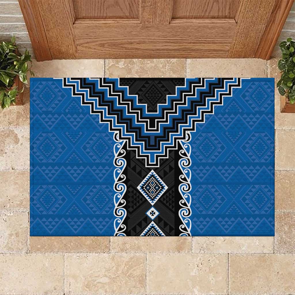 Blue Niho Taniwha Mix Poutama Rubber Doormat Unique Taniko Aotearoa LT01 Blue - Polynesian Pride