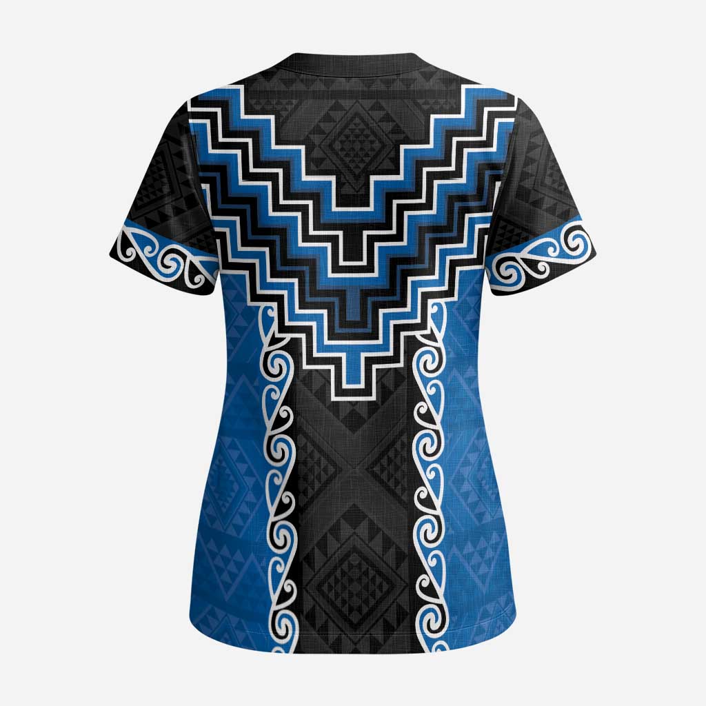 Blue Niho Taniwha Mix Poutama Scrub Top Unique Taniko Aotearoa LT01 - Polynesian Pride