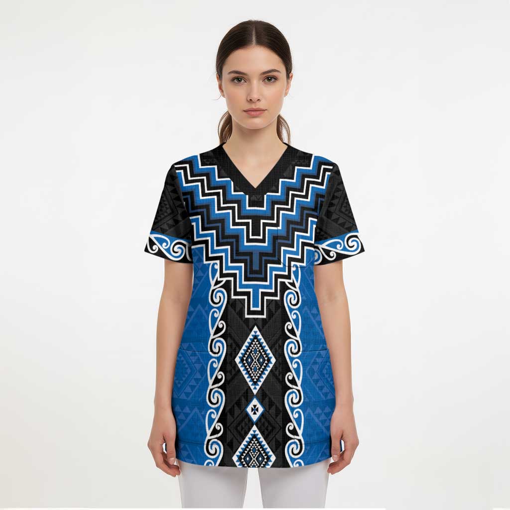 Blue Niho Taniwha Mix Poutama Scrub Top Unique Taniko Aotearoa LT01 - Polynesian Pride