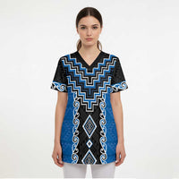 Blue Niho Taniwha Mix Poutama Scrub Top Unique Taniko Aotearoa LT01 - Polynesian Pride