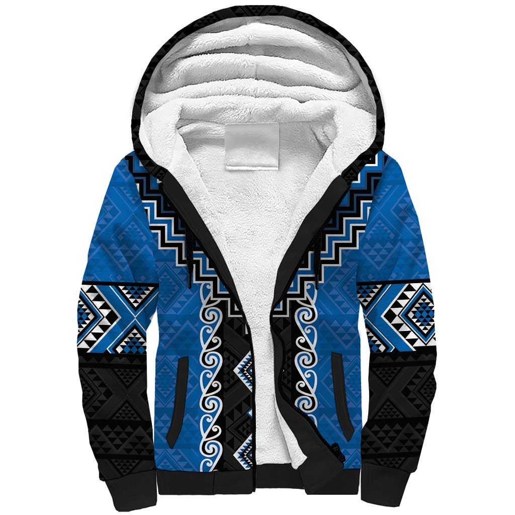 Blue Niho Taniwha Mix Poutama Sherpa Hoodie Unique Taniko Aotearoa LT01 Unisex Blue - Polynesian Pride